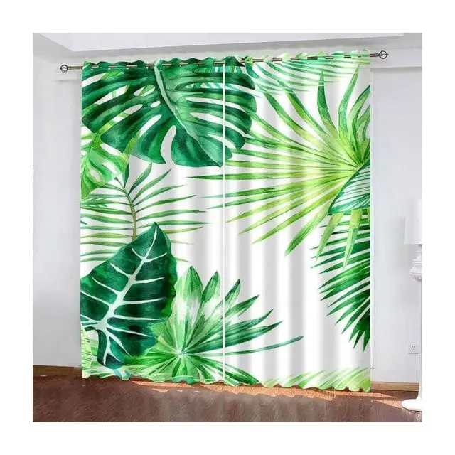 Vente en gros poche court mignon café petite fenêtre panneau transparent feuilles vertes tropicales imprimé demi-rideau pour cuisine drapé en vente