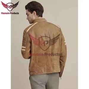<b>Mens</b> Real Tan Leather <b>Jacket</b> Stand Collar White Racing Stripe Sheepskin Biker Coat Distressed Custom Vintage Winter Outerwear - Product Image 4
