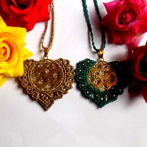 Fashion <b>Beauty</b> Fancy Shape Brass Gold Flower Shape Macrame Necklace New Looking Maroon & Grey Color Thread Macrame Necklace - Product Image 3