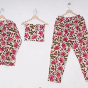 100% Conjunto de pijama largo y cómodo de algodón, vestido suave, ropa de dormir para adultos, estampado de bloque de mano, transpirable, elegante, para ropa de noche de verano - Product Image 1