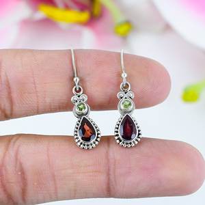 Pendientes colgantes de plata de ley 925 para boda, Pendientes colgantes de múltiples piedras preciosas, granate natural, Peridoto, joyería fina para boda, novedad - Product Image 2