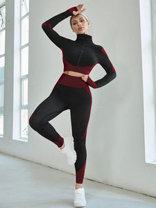 Ensemble de sport 2 pièces Veste à fermeture éclair et legging à manches longues Stretch dans les quatre sens Ensembles de sport de yoga pour femmes - Product Image 6