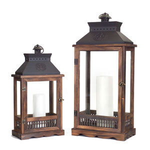 <b>Set</b> of 2 Wooden Metal Candle Holder <b>Lanterns</b> Christmas Decorative <b>Lantern</b> for Living Room Home Decoration on Sale - Product Image 1