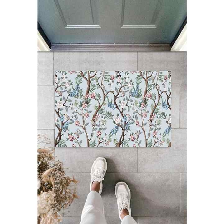 Decorative Digital Birds on the Branch Blue Door Mat Outdoor Doormat