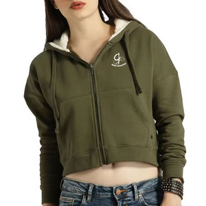 Hoodies courts à capuche pour femmes avec manches longues, 100 % coton, patchs personnalisés et logo frontal personnalisable - Product Image 1