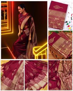 Chất Lượng Cao Nặng Jacquard Lụa Maroon Colour Sarees Với Vàng Lớn Jacquard Dệt Biên Giới Ấn Độ & Pakistan Quần Áo - Product Image 1