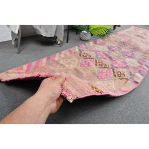 Alfombra turca Vintage de 28 'X 13', Alfombra de lana de tejido plano rosa y marrón con respaldo de látex para decoraciones de sala de estar - Product Image 3