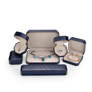 Elegant Octagonal Jewelry <b>Box</b> With Lid For Necklace <b>Storage</b> Blue Exterior <b>Beige</b> Interior - Product Image 3