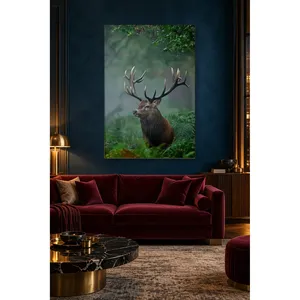 Impression sur toile verticale de cerf roux dans une forêt de fougères brumeuses - Product Image 4