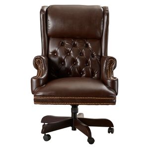 Silla Ejecutiva Tradicional de Cuero Marrón de Lujo, Madera de Teca Sólida, Respaldo Alto, Altura Ajustable, Giratoria, Mueble Hecho a Mano - Product Image 2