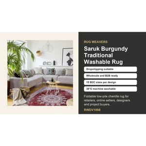 Tapis traditionnel lavable Saruk bordeaux RWDV1008 de Rug Weavers, chenille lavable, 10 tailles, vente en gros et dropshipping - Product Image 3