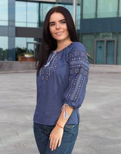 Top azul cielo bordado personalizado 2025, blusas ucranianas de manga larga de diseñador para ocasiones informales, fiestas, moda sencilla tejida - Product Image 2