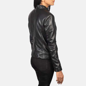 Veste en cuir PU et peau de mouton brodée sur mesure pour femmes, coupe slim, avec col en fourrure - Product Image 5