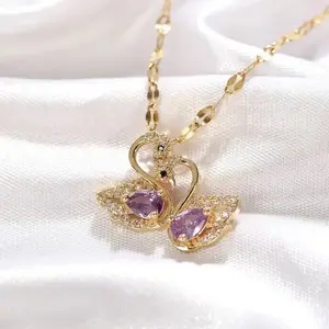 Elegant Ladies Animal Jewelry Fashion Purple Crystal Swan Pendant Necklace for Women Luxury Zircon Necklace Birthday Gift