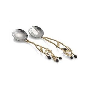 Juego de servicio de ensalada de acero inoxidable Plata pulida con ramita dorada y diseño de brotes de oliva Mango Vajilla Juego de servidor de ensalada - Product Image 1