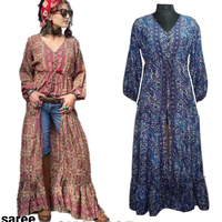2024 vente en gros mode indien nouvelle robe saree en soie femmes imprimé fleuri Maxi robes à manches longues décontracté longue robe avec floral