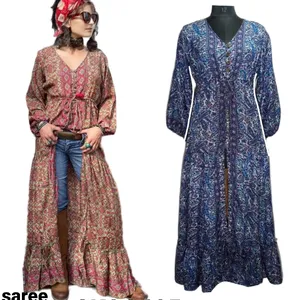 2022 moda all'ingrosso indiano nuovo vestito sari di seta Maxi abiti stampati floreali da donna manica lunga abito lungo Casual con floreale