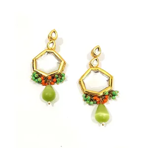 Ensemble de collier Monalisa en pierre verte orange Meenakari Kundan plaqué or, bijoux fins pour mariages et cadeaux, avec perle - Product Image 4