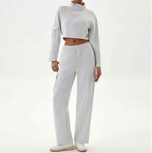 High Quality Custom Logo Blank <b>Sexy</b> Zip up Tracksuit Sweatsuit Women 2PCS Cropped Hoodie and Sweatpants <b>Set</b> - Product Image 4