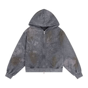 2025 Diamond Distressed Zip up Hoodie 420gms Sudaderas con capucha de alta calidad Color Wash Hoodie High Street Basics, mezcla de algodón - Product Image 1