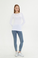 Camiseta de punto para mujer, blanca, de manga larga, cuello redondo, corte ajustado, transpirable, de viscosa y spandex, estilo minimalista, para todas las estaciones