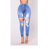 Celana Panjang Wanita Model Kasual Kancing Solid Ukuran Besar Warna Biru Denim Belah Model Skinny Pinggang Tinggi Bahan Bernapas Distressed