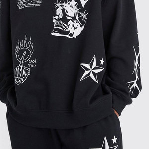 <b>Men</b> <b>Black</b> Hooded Tracksuit Set White Skull Star Print Regular Fit Streetwear Full-Length Sweatshirt Pants Winter Four-Way - Product Image 6