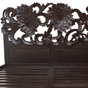 Handmade Carved Queen Size <b>Bed</b> <b>Frame</b> Solid Mango Wood Bohemian with Black Coastal Finish Sunflower Wood Slat Support <b>Bed</b> <b>Frame</b> - Product Image 3
