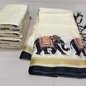 Sari de fête en soie tissé à la main avec un tissage dentelé, bordure tendance en zari Bentex, magnifique imprimé Kalamkari HD - Product Image 4