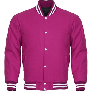 <b>Men</b> Magenta Pink Varsity Bomber <b>Jacket</b> Vibrant Solid Color Letterman with <b>White</b> Striped Trim - Product Image 1