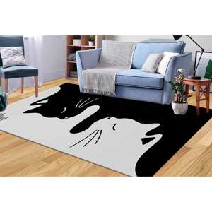 Alfombra Surrealista con Diseño de Gato: Diseño Animal Moderno en Blanco y Negro, Alfombra Delgada No Tejida - Product Image 3