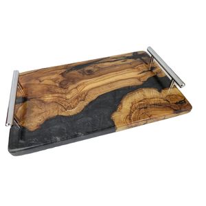 Plateau en bois rustique en résine époxy en gros, plateau de service en bois de rivière noir, grand plateau décoratif pour le café, plateau à nourriture avec poignée en métal - Product Image 1