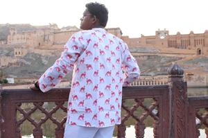 Indian Sanganeri Hand Block Print Cotton Men's Kurta Camisa formal de manga completa con cuello para bodas y fiestas-Tejido tejido - Product Image 4