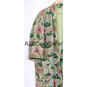 Handmade Kantha Women's Short Robe Long Soft Floral Pattern V-neck Drawstring Closure <b>Warm</b> Coat for <b>Winter</b> Autumn Spring Bath - Product Image 3