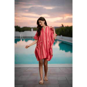 Vestido Camisero Tipo Kaftan con Estampado de Rayas de Algodón - Product Image 1