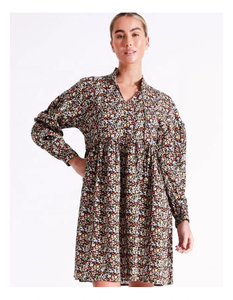 Vacation Shoulder Knee-Length Viscose A-Line Casual <b>Dress</b> V-Neckline Stand Collar Volume with Buttoned Cuffs <b>Elasticated</b> Waist - Product Image 2