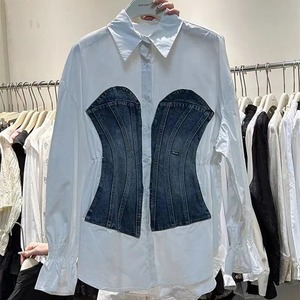New Winter Fashion Women's <b>Denim</b> Patchwork Long Sleeves Blouse Single-breasted Shirts <b>Jackets</b> Female 2024 Autumn New Arrival - Product Image 5
