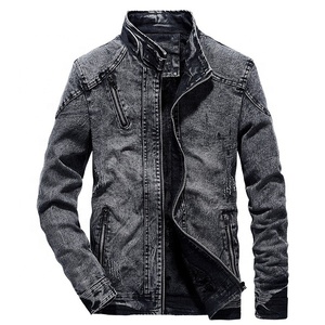 Vestes pour hommes de haute qualité 2023, designs OEM, vente en gros, logo personnalisé, fermeture éclair sur le devant, jean denim bleu noir délavé, col montant - Product Image 2
