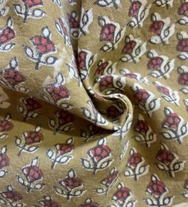 Tela de Algodón Estampada a Mano en Amarillo Mostaza con Diseño Floral Rojo Buti - Product Image 1