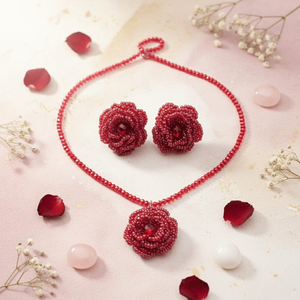 Crimson Rose <b>Beaded</b> Fine Jewelry <b>Set</b> Emerald Cut with Zircon Crystal Diamond for Weddings and Parties - Product Image 5