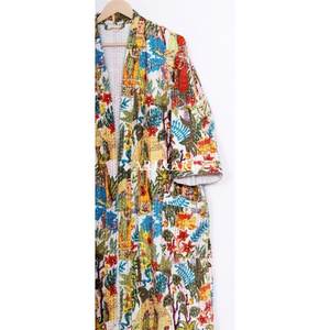Al por mayor Bata Kimono de Algodón Kantha para Mujer de Verano, Cuello en V, Cierre con Cordón, Transpirable, Estampado Floral, Largo Completo, para Baño - Product Image 3