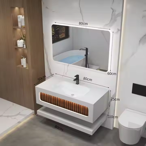 Mueble de Baño Moderno de Lujo con Lavabo de Pizarra, Gabinete Flotante de Pared, 2 Estantes, Tiradores de Acero Inoxidable, Hecho de Madera - Product Image 4