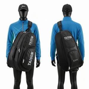 Bolsa de tenis para hombre, poliéster de alta densidad, tela duradera de 330 GSM, cuerpo negro, paneles laterales azules, correa ergonómica, impresión personalizada. - Product Image 1