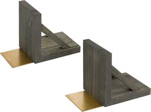 Serre-livres décoratifs vintage en bois gris avec supports en métal en laiton Support de bibliothèque élégant en bois pour bureau - Product Image 2