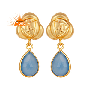 Dernier modèle de boucles d'oreilles en calcédoine bleue naturelle plaquée or 18 carats avec pierres précieuses fabricant de bijoux personnalisés - Product Image 3