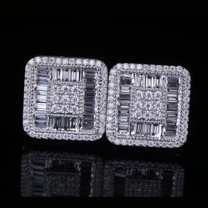 Pendientes de Botón con Diseño de Baguette Cuadrado, Plateados, con Incrustaciones de Circonitas, Estilo Hip Hop, con Cierre de Rosca, Aspecto de Diamante Moissanita, Joyería de Lujo - Product Image 1