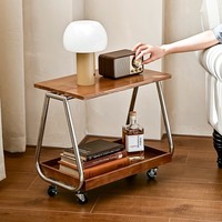 Table d'appoint roulante en gros avec plateau en bois massif, cadre en acier inoxydable, table basse mobile, chariot de service moderne de luxe, finition noyer