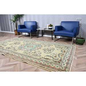 Turkish Rug, 5.1x8.6 ft Large Rug, <b>Yellow</b> Bordered <b>Wool</b> Vintage Rug - Product Image 4