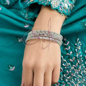 Silver Toned Delicately Adorned With Soft Plum Beads Classic Silver Wrist Wear Charm Bangles - Product Image 5