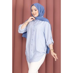 Chemise décontractée en popeline rayée bleu ciel boutonnée pleine longueur pour le printemps/été – Élément de mode simple - Product Image 2